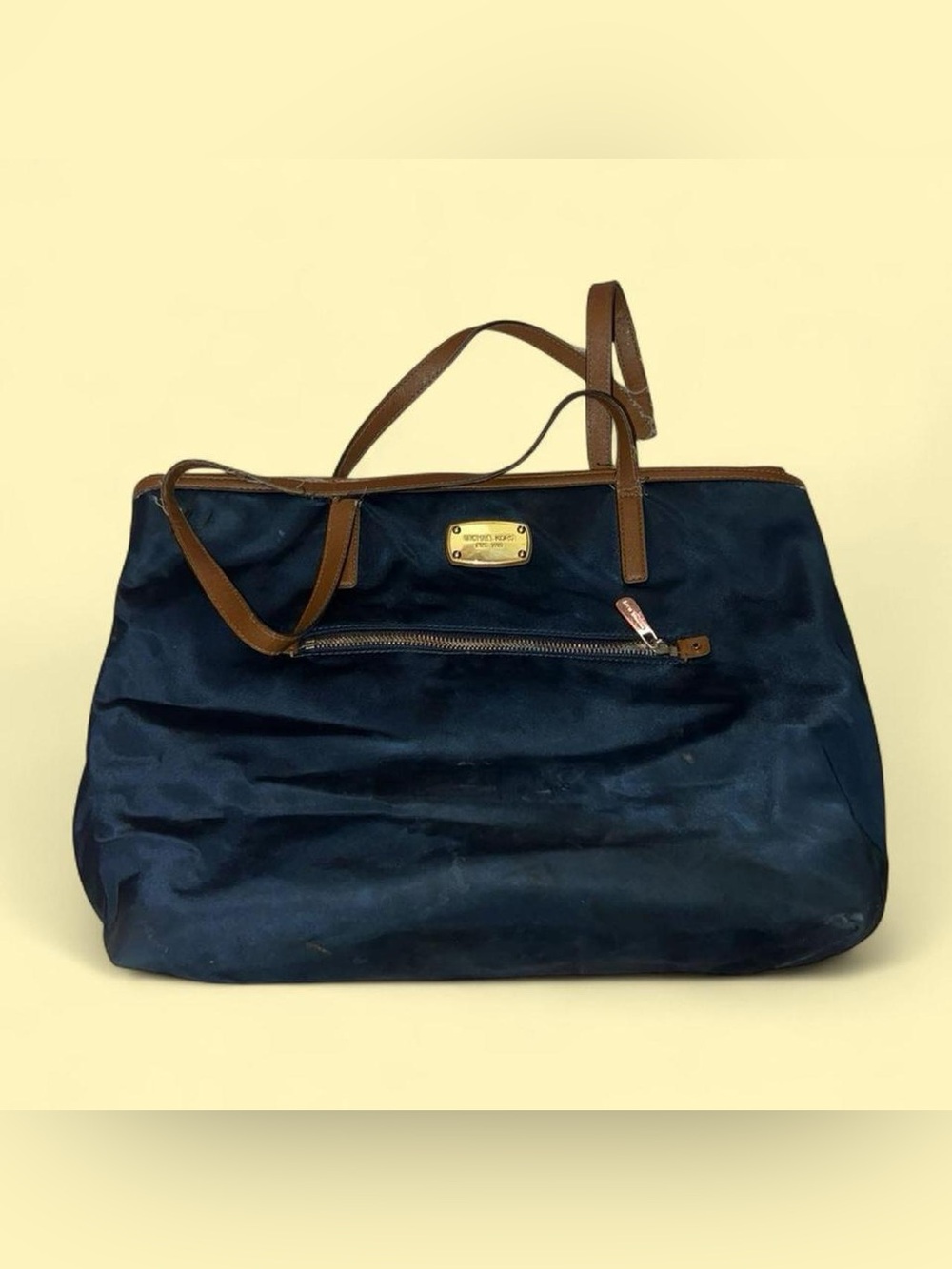 Michael Kors Navy Tote with Brown Leather Trim and Gold Plaque